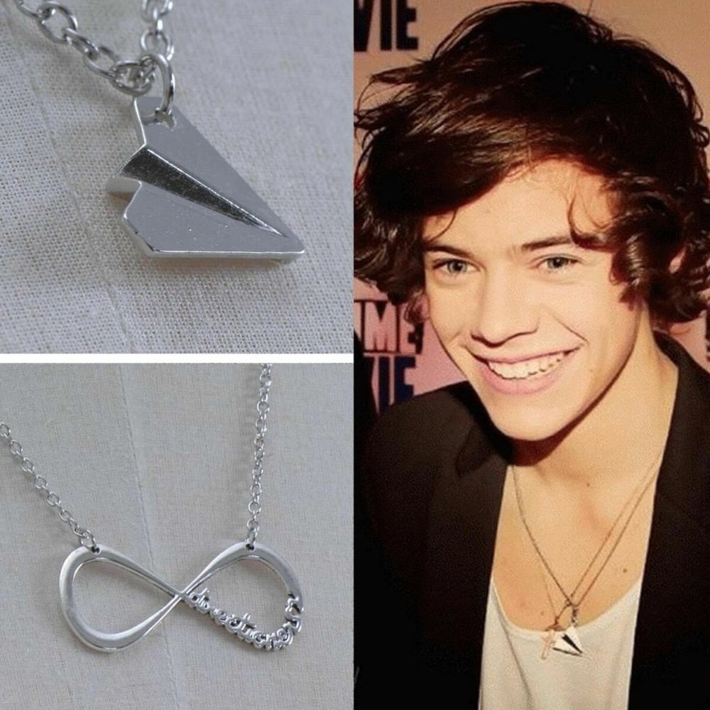 SET OF 2 Directioner infinity necklace plus Harry Styles paper airplane silver